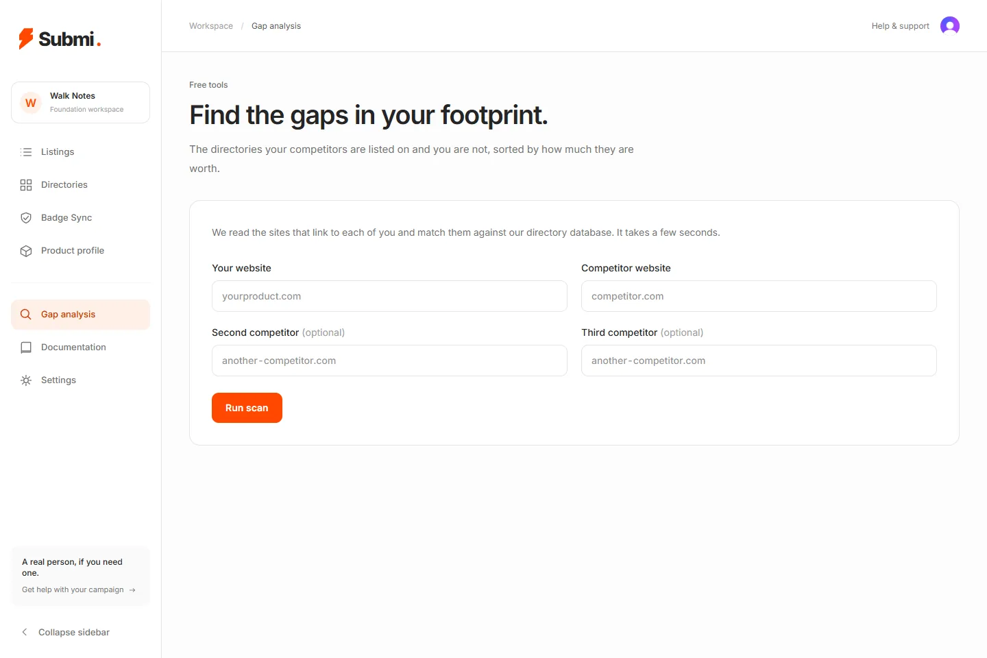 The gap analysis form in the app